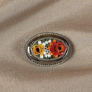 VINTAGE ITALIAN MICRO MOSAIC PIN BROOCH  Flowers Jewelry Italy Sliver Tone A107